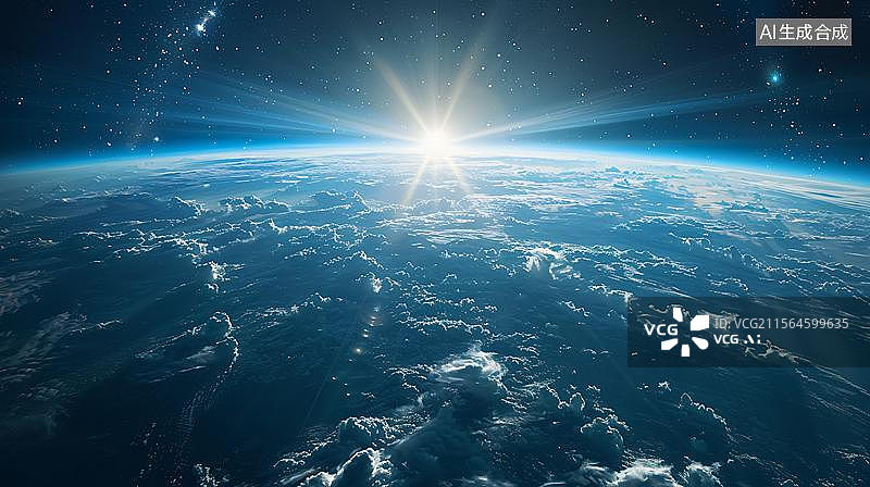 【AI数字艺术】地平线上的太阳在地球表面发光 太空眺望地球，发光的城市夜晚图片素材