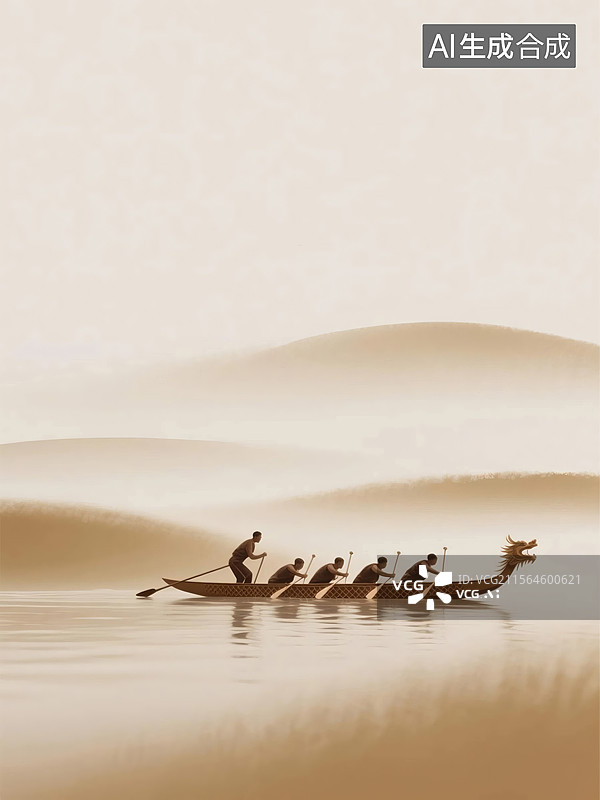 【AI数字艺术】龙舟划行水面，船头龙形装饰引人注目图片素材