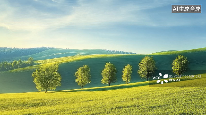 【AI数字艺术】绿色田野上的树木图片素材