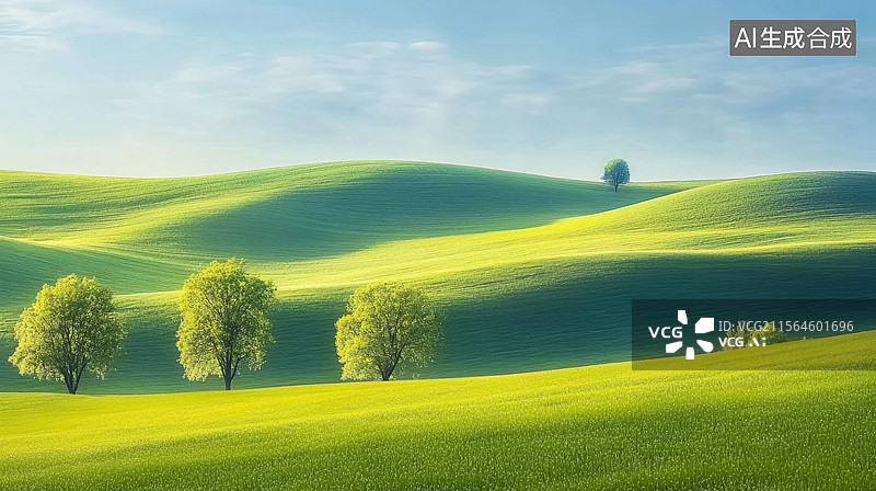 【AI数字艺术】绿色田野上的树木和起伏的山丘图片素材