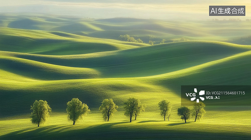 【AI数字艺术】绿色波浪般的丘陵景观图片素材