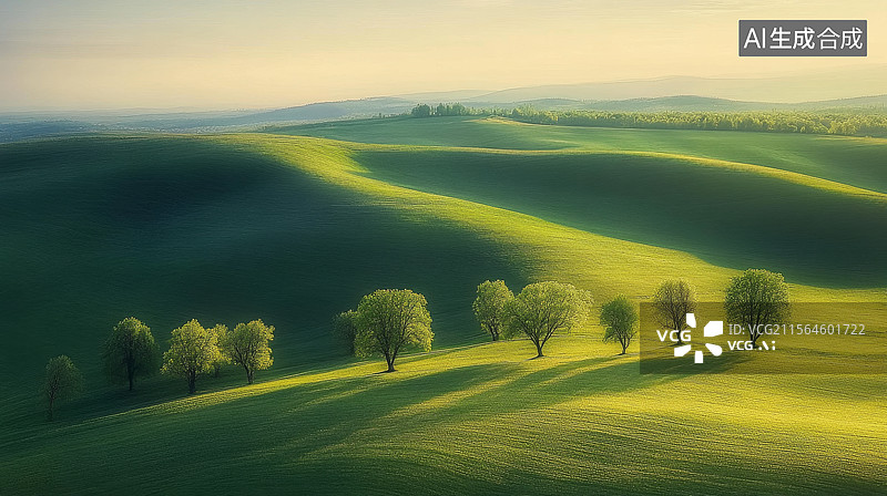 【AI数字艺术】绿色丘陵上的树木景观图片素材