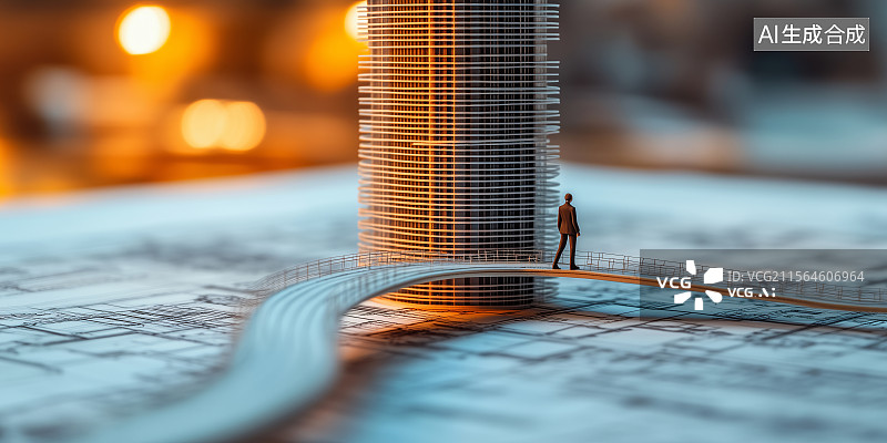 【AI数字艺术】微缩人站在摩天大楼模型前创意摄影插画图片素材