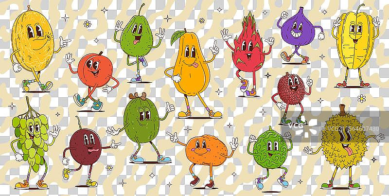 复古风格的卡通水果角色，搞笑的表情图片素材