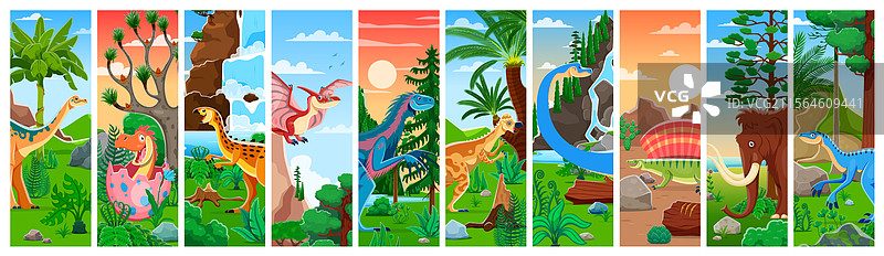 卡通史前恐龙和爬行动物拼贴画图片素材
