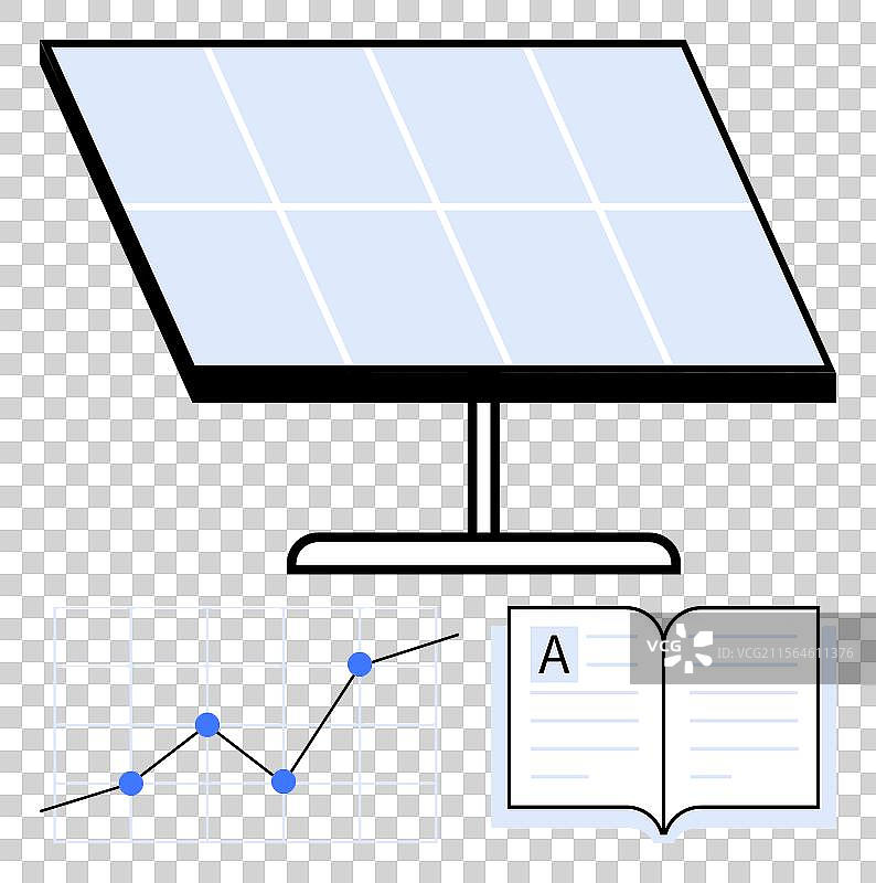 带有图表数据的太阳能电池板和一本打开的书图片素材