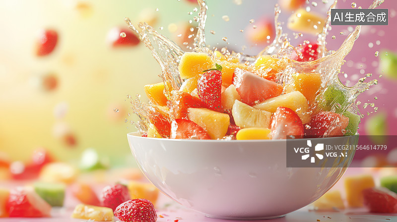【AI数字艺术】水果飞溅出碗的活力多彩静物图图片素材