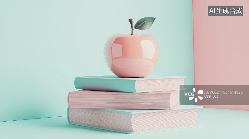 【AI数字艺术】粉蓝背景上书本堆叠与苹果的静物图图片素材