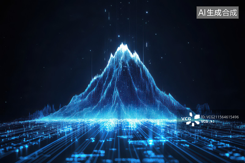 【AI数字艺术】蓝色科技感山峰与数据线路的未来画面图片素材