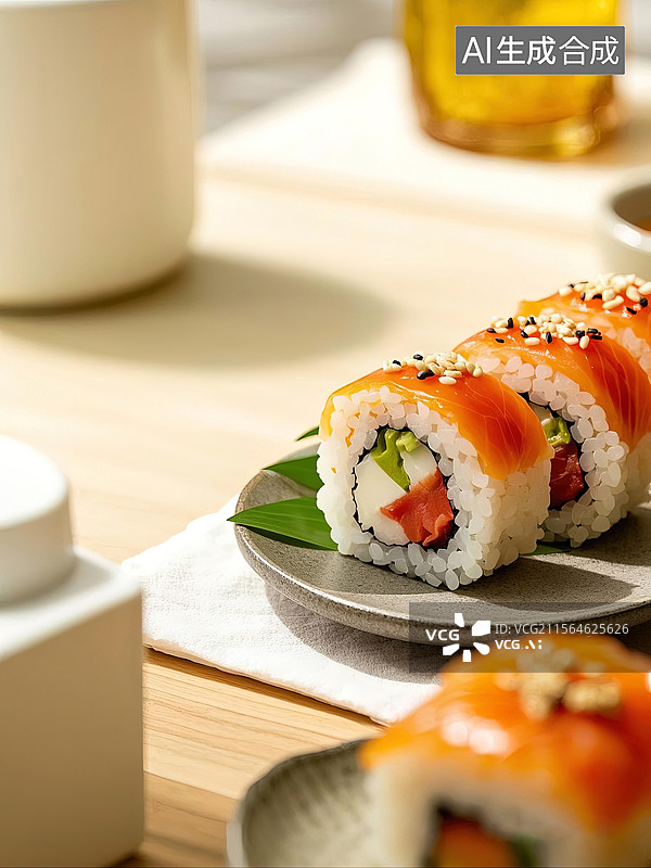 【AI数字艺术】寿司，金枪鱼寿司，鱼籽寿司，饭团，美食，菜单，食谱图片素材