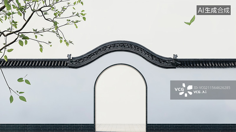 【AI数字艺术】传统中式拱门与绿树枝图片素材