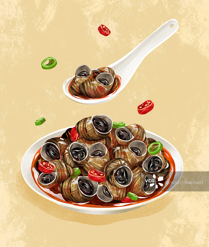 辣椒炒田螺插画图片素材