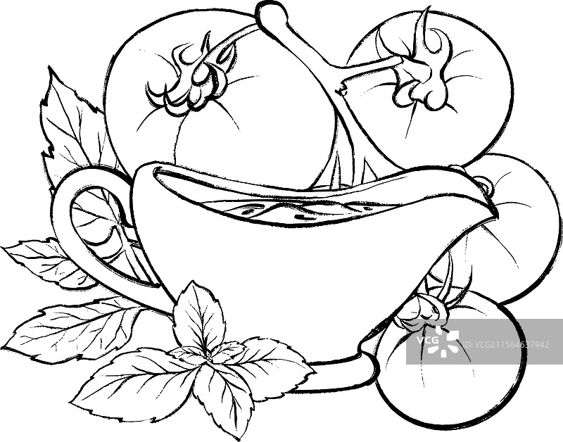 番茄酱、番茄和罗勒的插图图片素材
