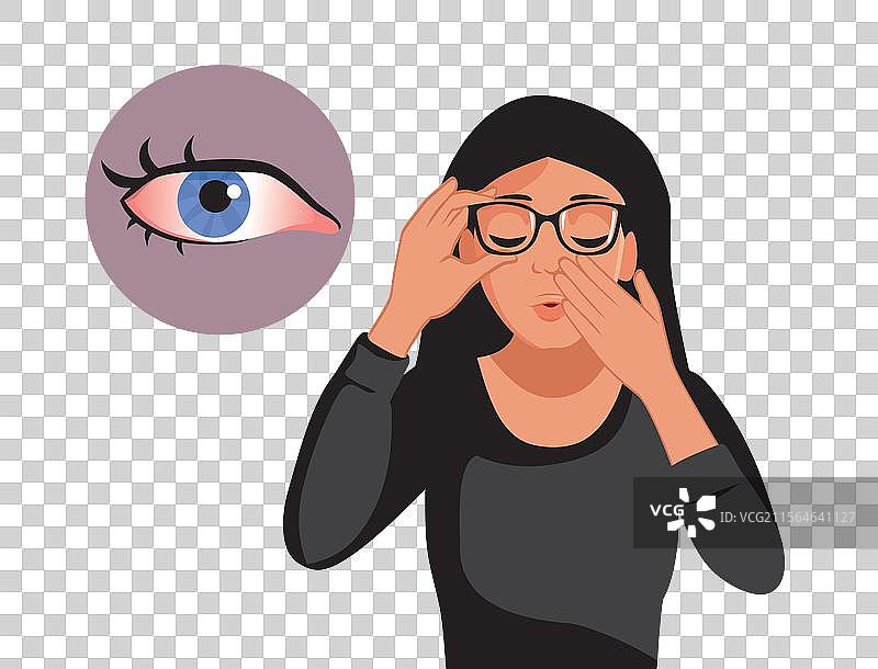 红眼睛女性在摘掉眼镜时遇到问题图片素材