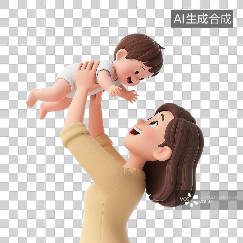 【AI数字艺术】3D渲染卡通人物，母亲举起婴儿，脸上露出幸福的微笑，妈妈和孩子，母亲节，免抠元素图片素材