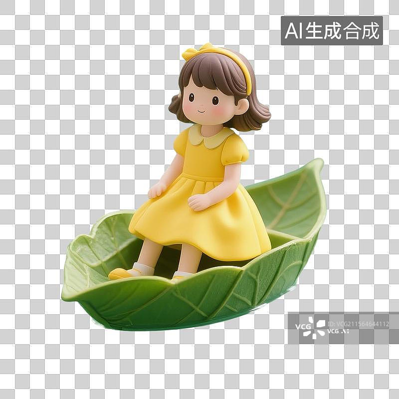 【AI数字艺术】3D渲染卡通人物，坐在叶子小船上的小女孩，儿童，夏天，免抠元素图片素材