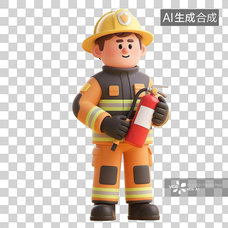 【AI数字艺术】3D渲染，消防员手里拿着灭火器，消防安全，火灾，免抠元素图片素材
