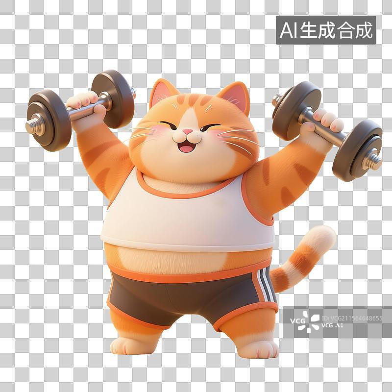 【AI数字艺术】3D渲染卡通动物，一只胖乎乎的橘猫举着哑铃，正在健身，运动，锻炼，减肥瘦身，免抠元素图片素材
