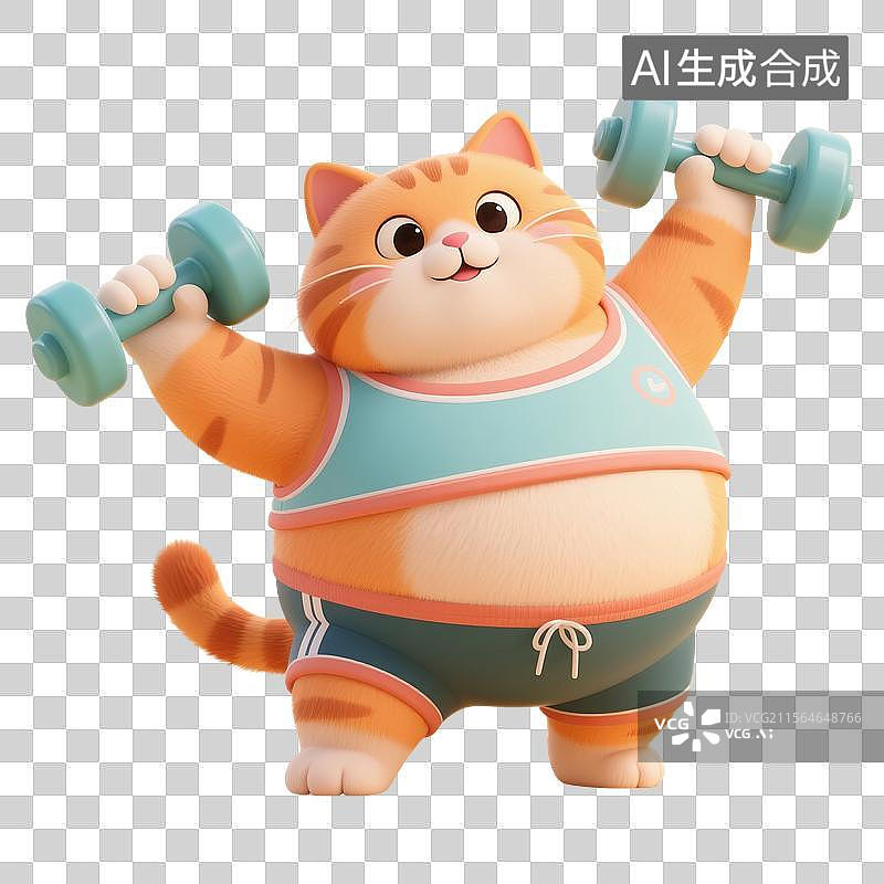 【AI数字艺术】3D渲染卡通动物，一只胖乎乎的橘猫举着哑铃，正在健身，运动，锻炼，减肥瘦身，免抠元素图片素材