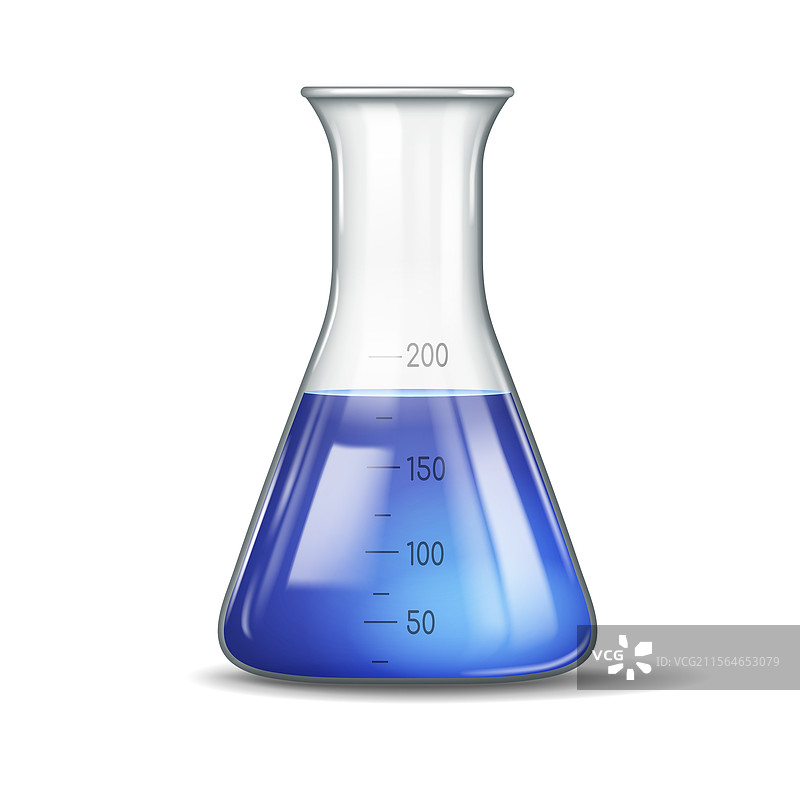 实验室烧瓶中装有蓝色液体图片素材