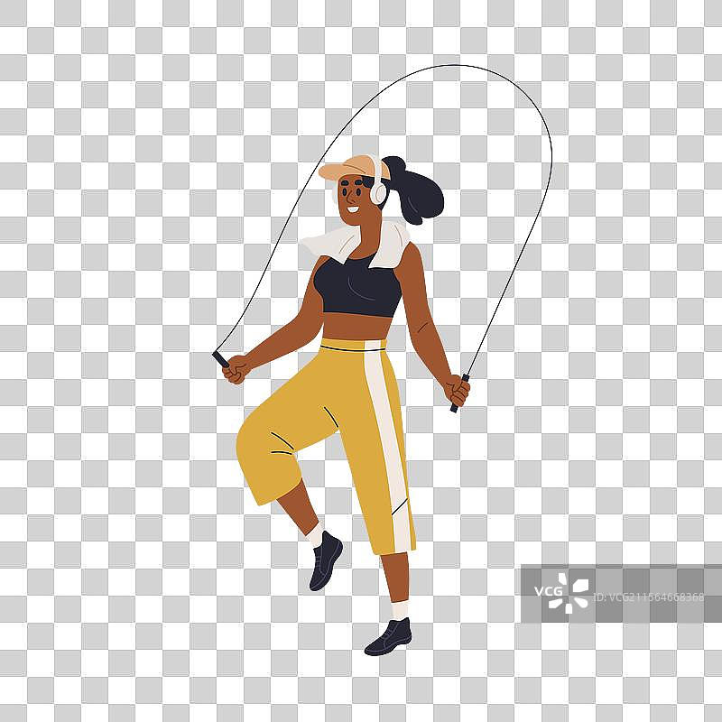 快乐的女孩正在跳绳的黑人女性图片素材