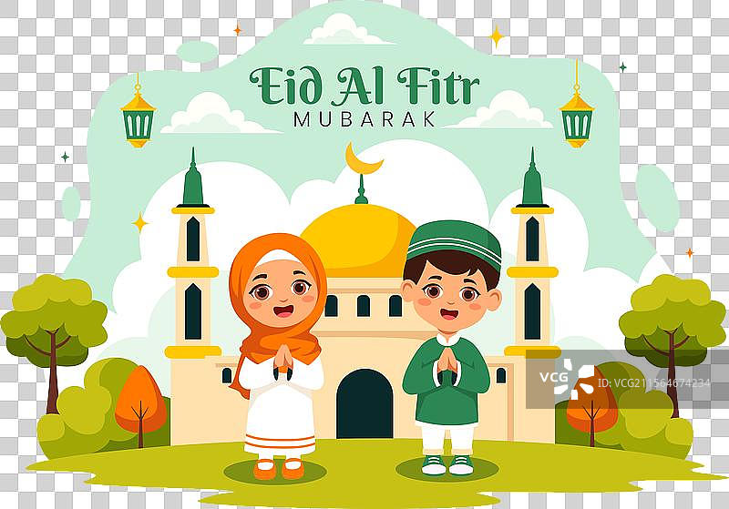 快乐的开斋节祝福，背景是清真寺和图片素材