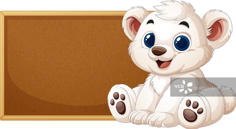 可爱的熊崽坐在空白的标志旁边图片素材