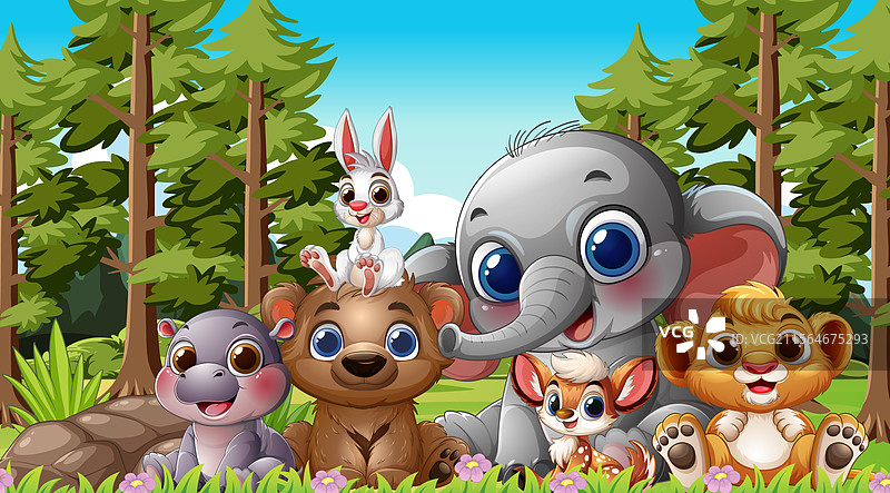 可爱的动物们在阳光明媚的自然中尽情享受。图片素材