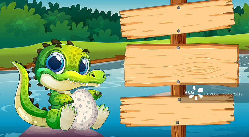 可爱的鳄鱼抱着一个蛋，旁边有一个标志图片素材