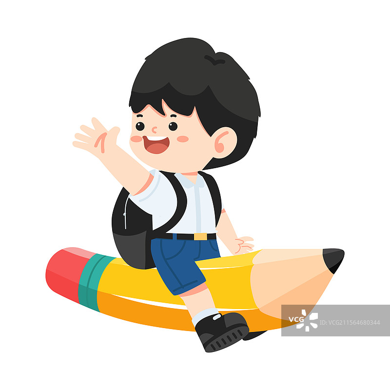 男学生骑在铅笔上飞翔图片素材