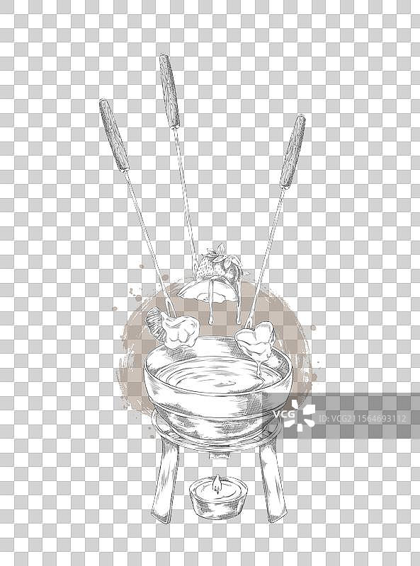 黑白素描的水果片放在叉子上图片素材