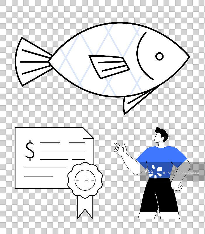 商人指着鱼和证书图片素材