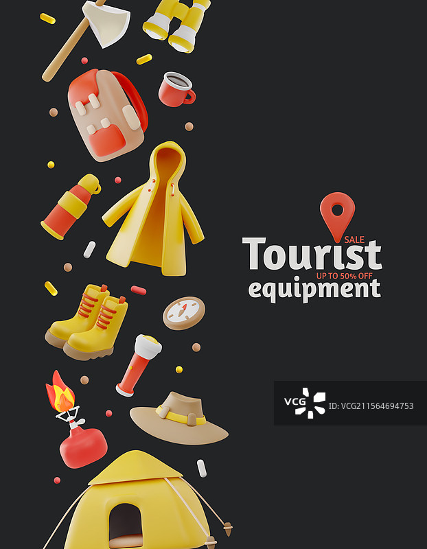 3D露营装备促销海报，黑色背景隔离图片素材
