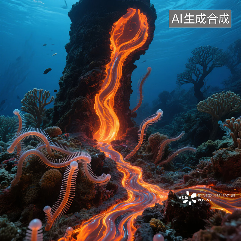 【AI数字艺术】海底熔岩流与珊瑚礁图片素材