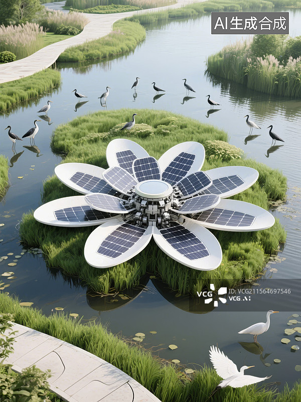 【AI数字艺术】太阳能花装置在湿地公园图片素材
