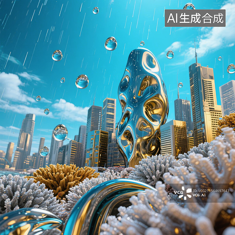 【AI数字艺术】未来城市与珊瑚礁的奇幻融合图片素材