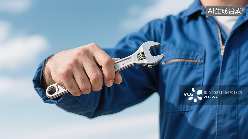 【AI数字艺术】工人手持银色扳手维修工作图片素材