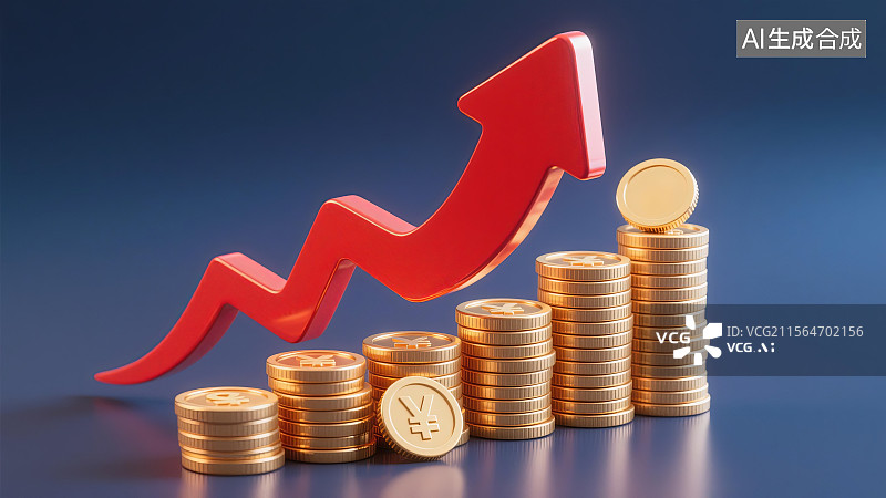 【AI数字艺术】金色人民币硬币阶梯与红色增长箭头图片素材