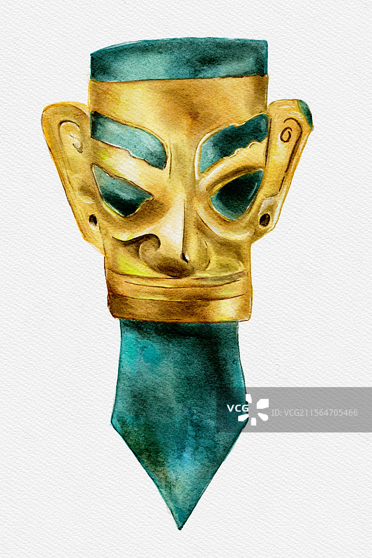 水彩手绘文物三星堆金面具图片素材