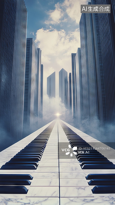 【AI数字艺术】城市风光钢琴道路摩天大楼图片素材