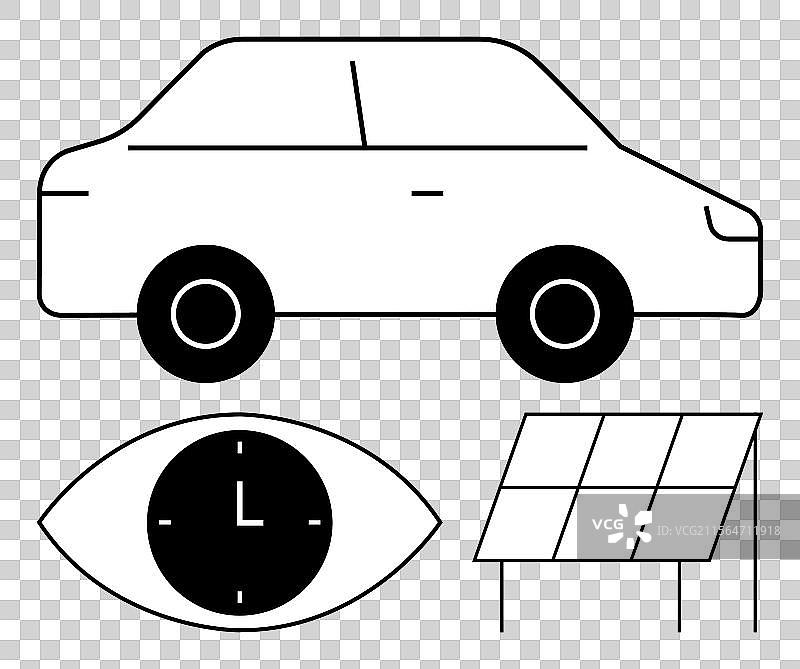 极简主义汽车，配有眼形时钟和太阳能板图片素材