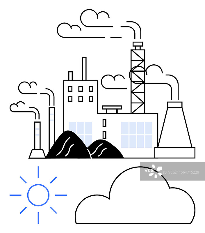 工业厂房，烟囱冒出烟雾图片素材