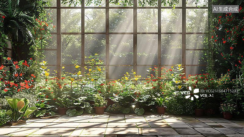 【AI数字艺术】阳光下的秘密花园   窗外的绿意盎然图片素材