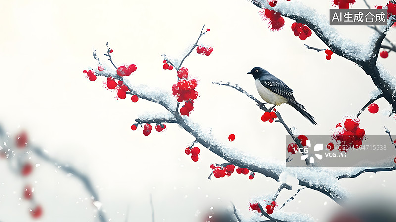 【AI数字艺术】雪中红梅水墨画风格花鸟图 中国风图片素材