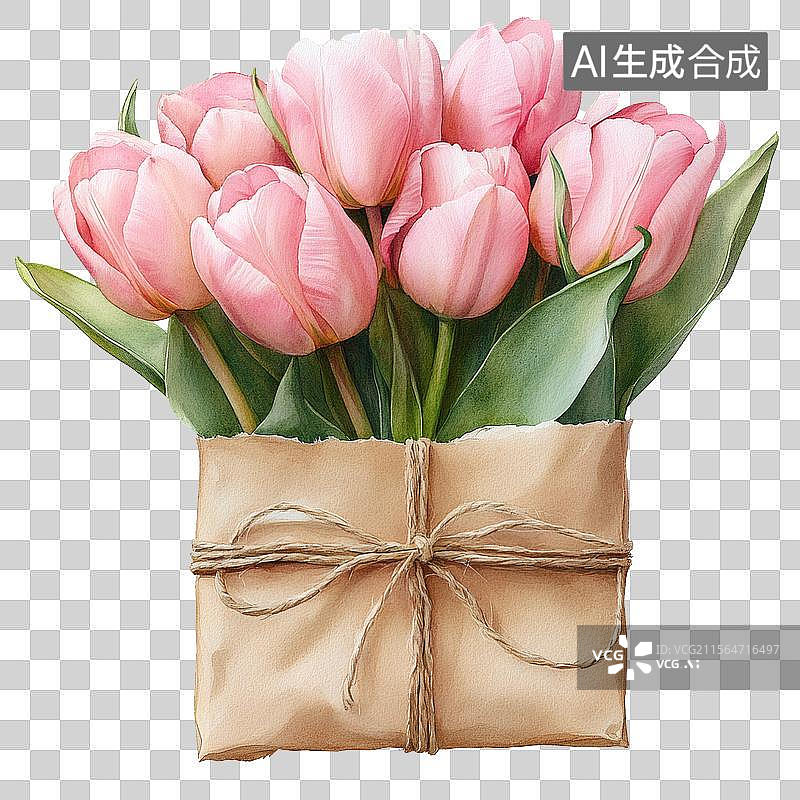 【AI数字艺术】水彩粉色郁金香花束牛皮纸礼袋插画图片素材
