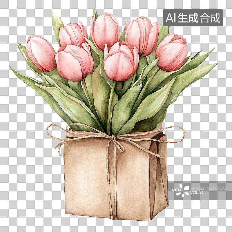 【AI数字艺术】水彩粉色郁金香花束牛皮纸礼袋插画图片素材