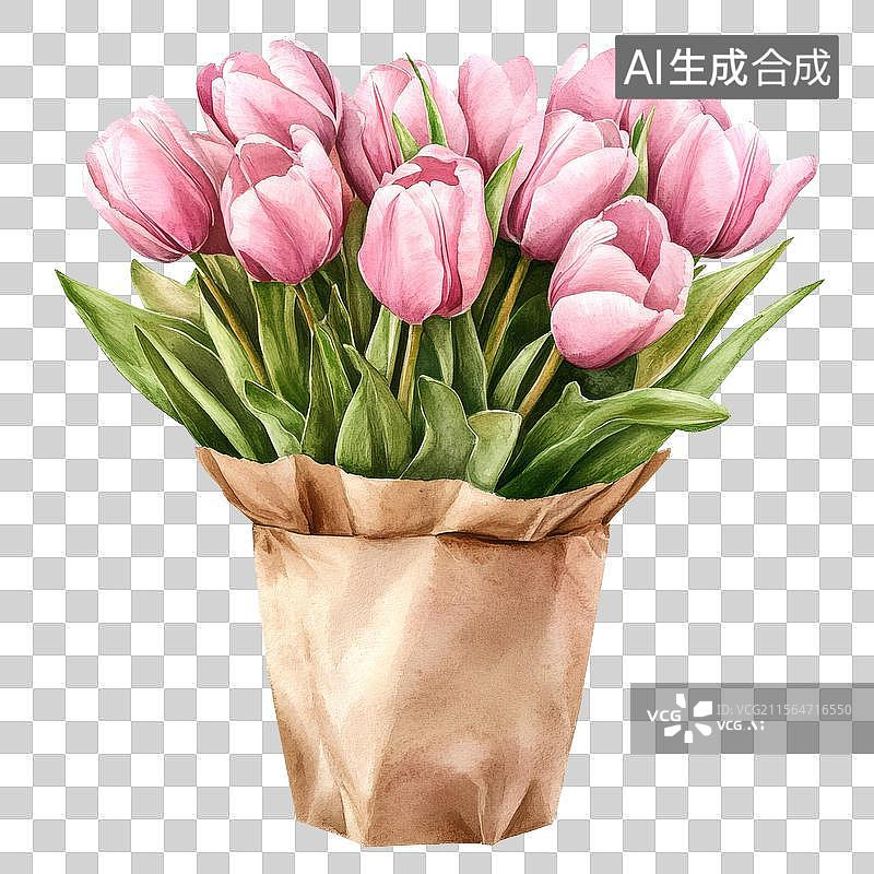 【AI数字艺术】水彩粉色郁金香花束牛皮纸礼袋插画图片素材