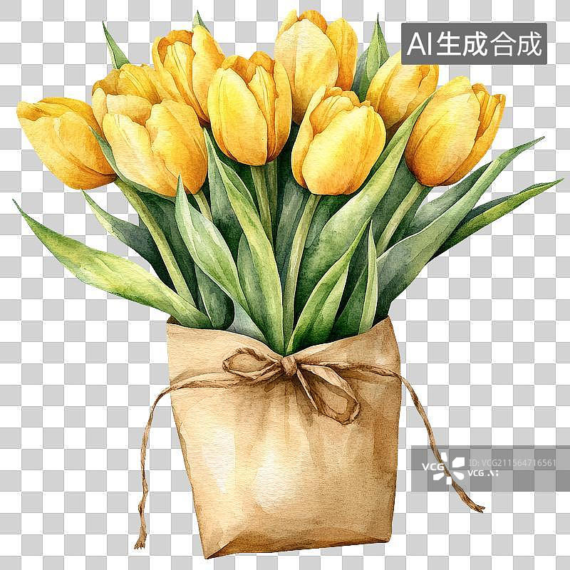 【AI数字艺术】水彩黄色郁金香花束牛皮纸礼袋插画图片素材