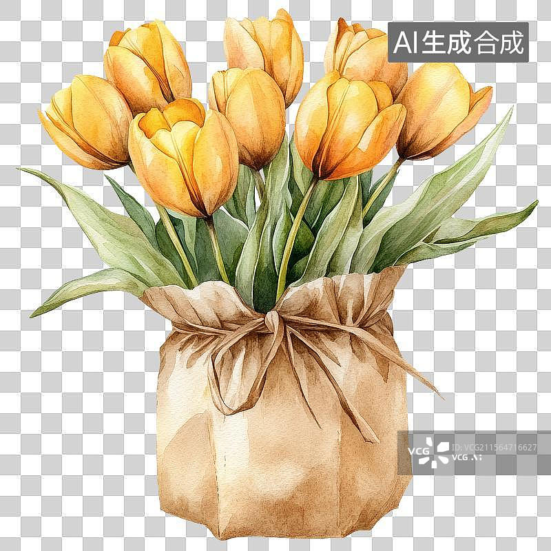 【AI数字艺术】水彩黄色郁金香花束牛皮纸礼袋插画图片素材