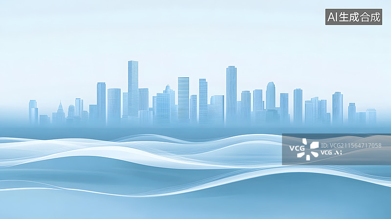 【AI数字艺术】现代都市与海浪元素融合的极简 高档商务背景图片素材